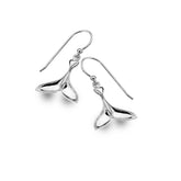 A pair of polished sterling silver whale tail drop earrings on shepherd hooks, shown on a white background.