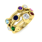A multi-band family bubble ring in 9ct yellow gold, set with a colourful mix of diamonds and multi-gemstones, on a white background.