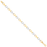 A 9ct gold bracelet with alternating yellow gold and white gold fancy links, shown diagonally on a white background.