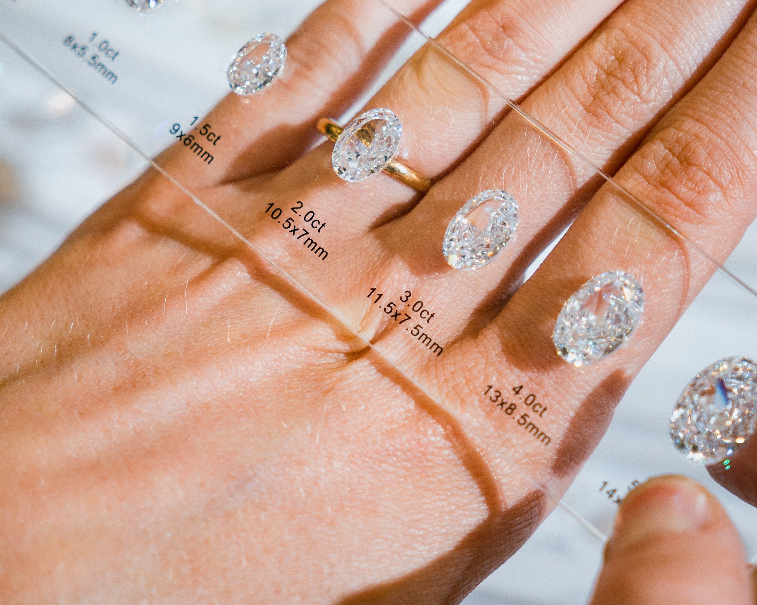 A selection of engagement rings is being considered at Griffin & Co Fine Jewellery, with a clear guide used to visualise different stone sizes on a customer's hand.