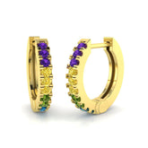 Pair of 9ct Yellow Gold hinged hoop earrings set with a rainbow gradient of multi-coloured diamonds.