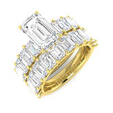 9ct Yellow Gold bridal ring stack featuring an emerald cut lab-grown diamond solitaire and two matching emerald cut eternity bands.