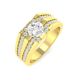 9ct Yellow Gold gents ring featuring a central lab-grown diamond and stepped shoulders set with rows of accent stones.