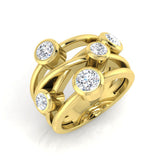 A wide multi-band diamond bubble ring in 9ct yellow gold with five large bezel-set diamonds, on a white background.