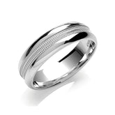 A 6mm court profile wedding ring in platinum or white gold, featuring two rows of milgrain in the centre, on a white background.