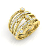 A multi-band diamond statement ring in 9ct yellow gold, featuring pavé and bezel-set diamonds, on a white background.