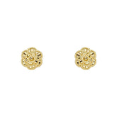 A pair of 9ct yellow gold stud earrings shaped like detailed English Roses with diamond-cut petals, on a white background.