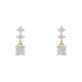 A pair of delicate 9ct yellow gold drop earrings, each featuring three vertically stacked diamonds in white gold illusion settings, on a white background.