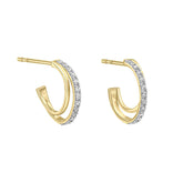 A pair of 9ct yellow gold double hoop earrings, featuring one plain polished hoop and one pave-set diamond hoop, on a white background.