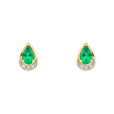 A pair of 9ct yellow gold stud earrings featuring a pear-cut emerald above a curved row of diamonds, on a white background.