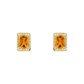 A pair of 9ct yellow gold stud earrings featuring an octagon-cut citrine gemstone surrounded by a detailed, textured gold frame, on a white background.
