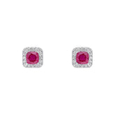 A pair of 9ct white gold stud earrings featuring a cushion-cut ruby surrounded by a diamond halo, shown on a white background.