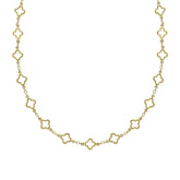 A 9ct yellow gold station necklace featuring evenly spaced, textured quatrefoil motifs on a fine gold chain, shown on a white background.