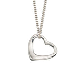 Silver heart-shaped pendant on a chain against a white background