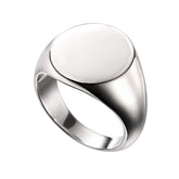 A high-polished sterling silver oval signet ring shown from an angle on a white background.