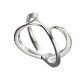 Silver ring with a unique crossover design on a white background