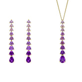 A 9ct gold jewellery set on a white background, featuring a pendant necklace and drop earrings with cascading purple amethyst and pink Rose de France amethyst gemstones.