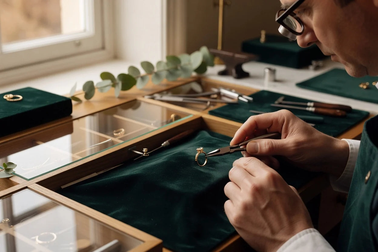 Professional header image for informative article: Master goldsmith carefully repairing a delicate gold ring...