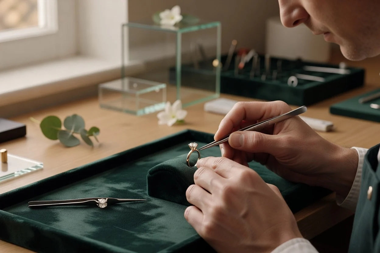 Professional header image for informative article: A jewelleer's hands carefully crafting a custom diamond e...