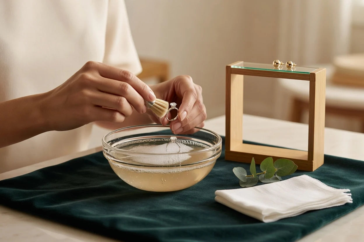 Professional header image for informative article: Hands gently holding and cleaning a diamond ring with a s...