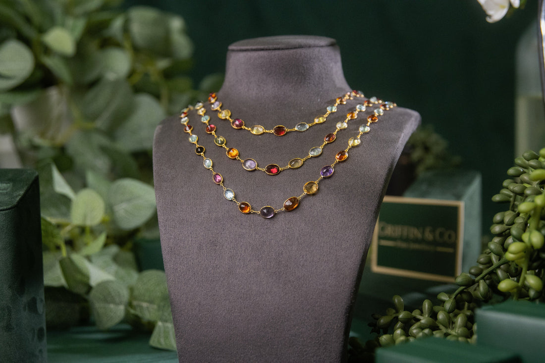 Three layered gold necklaces, each adorned with multiple bezel-set oval and round multi-coloured gemstones, displayed on a dark grey velvet jewellery bust. 