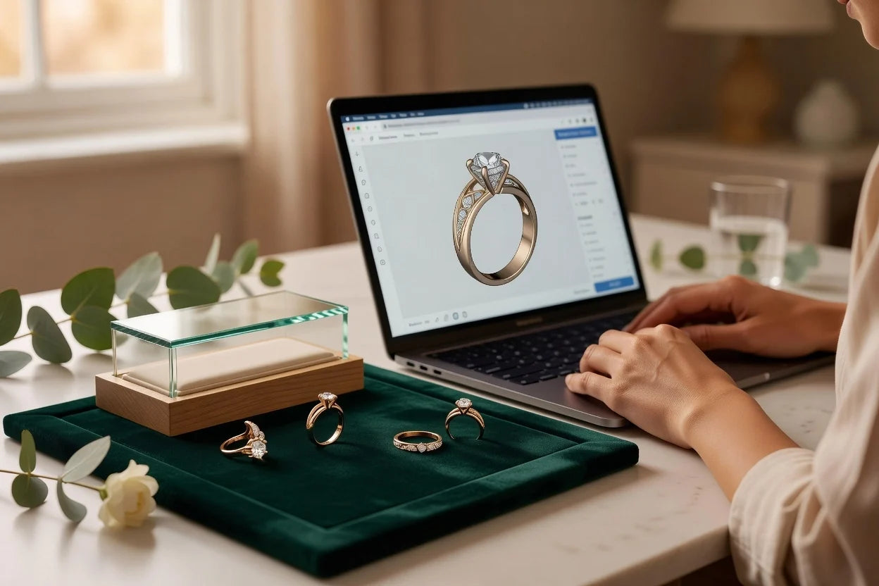 Professional header image for informative article: Person designing a custom engagement ring using an online...