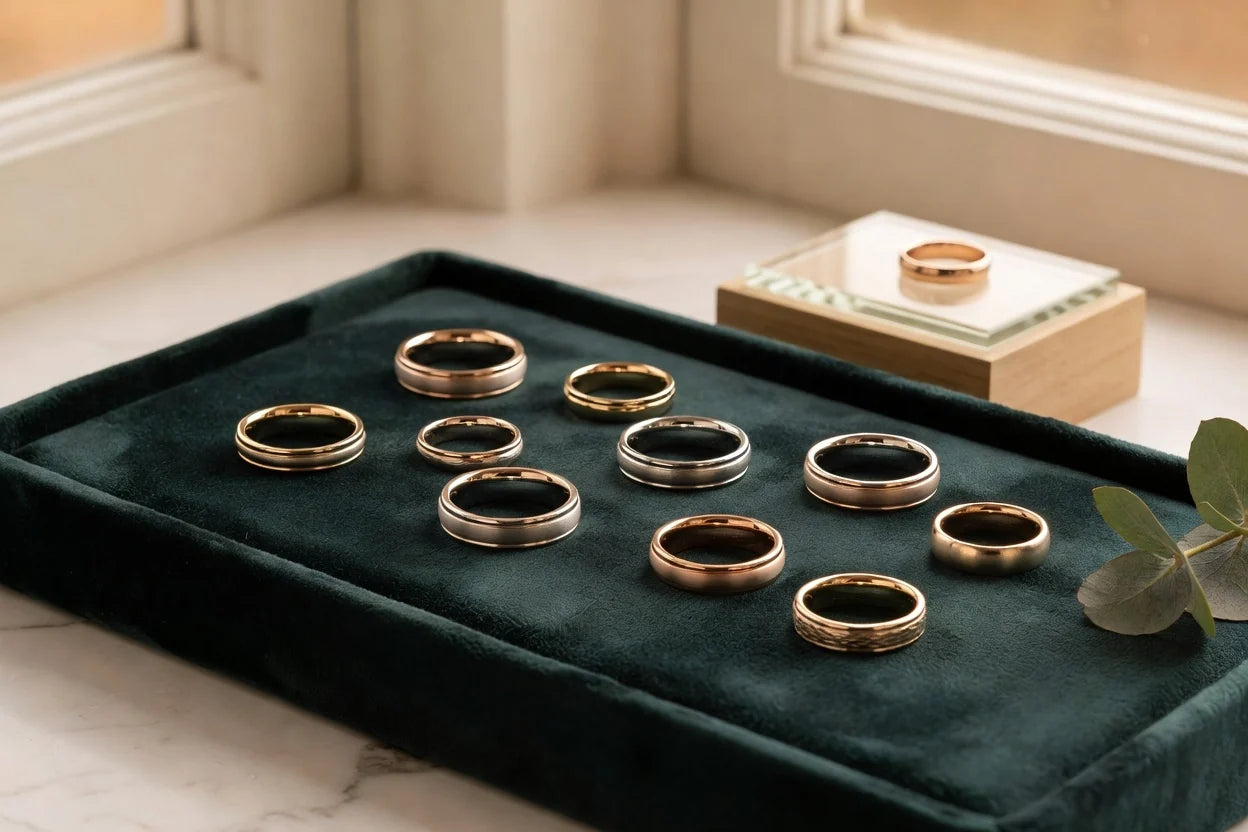 Professional header image for informative article: Assorted men's wedding bands in gold, platinum, and rose ...
