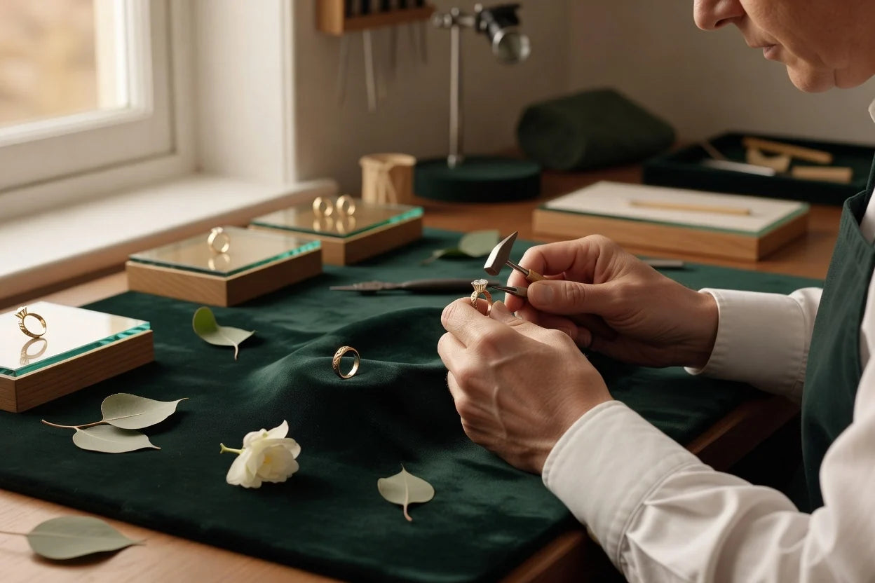 Professional header image for informative article: A jeweler's hands carefully crafting a custom gold engage...