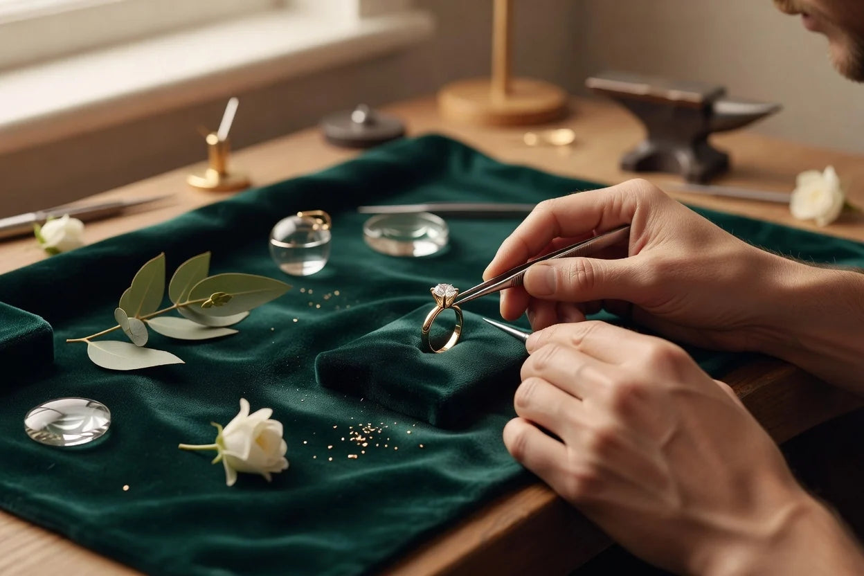 Professional header image for informative article: Goldsmith's hands carefully setting a diamond into a poli...
