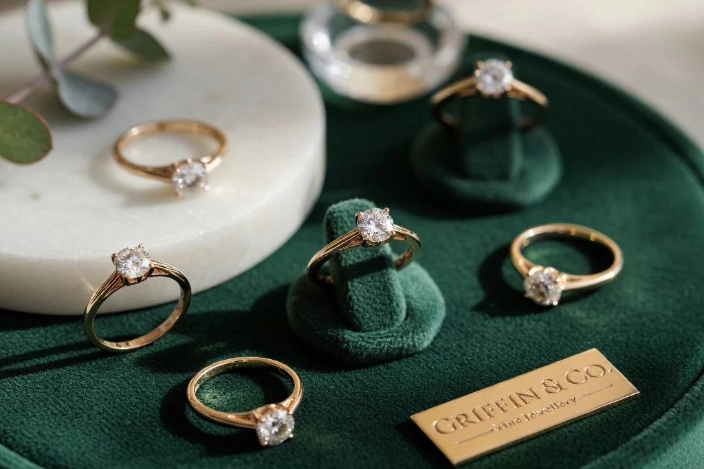 Professional header image for informative article: A collection of Lab Grown Diamond Rings on a Griffin & Co...