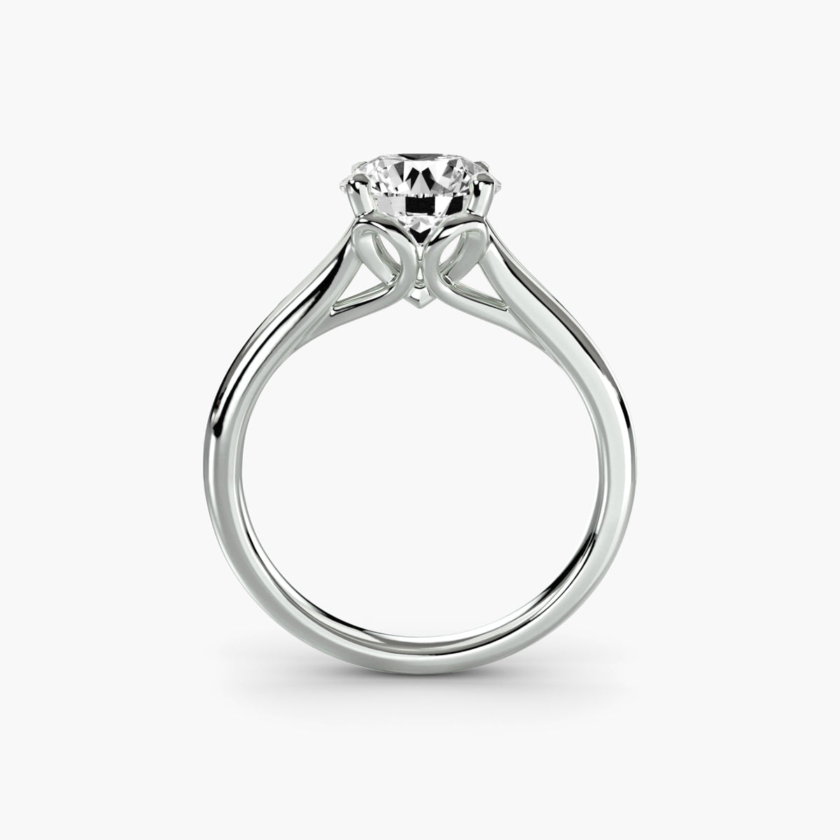 White gold solitaire engagement ring with a split cathedral shank, built in the Griffin & Co Engagement Ring Studio
