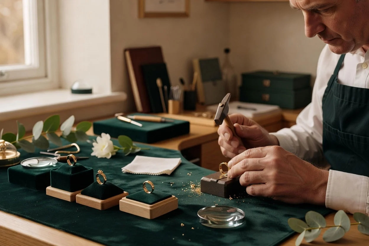 Professional header image for informative article: A master goldsmith carefully crafting a bespoke wedding r...