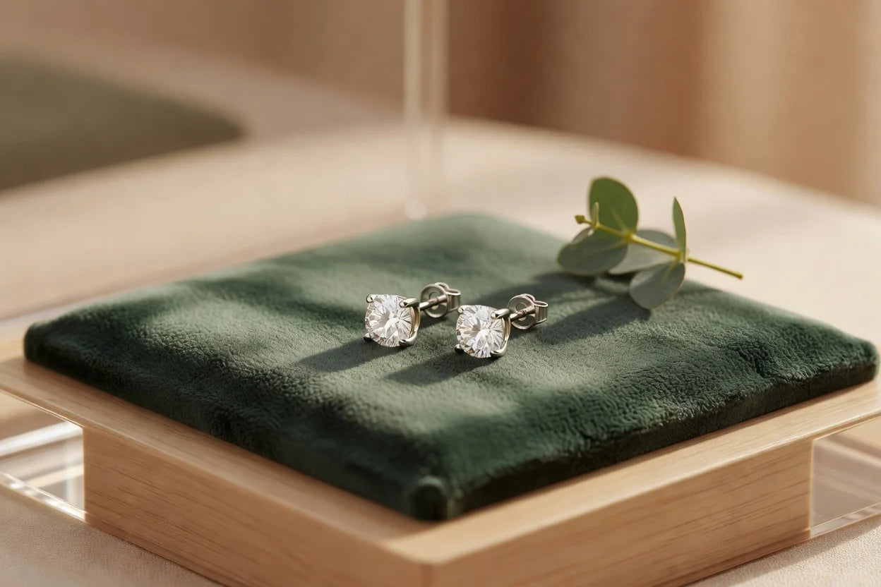 Professional header image for informative article: Diamond stud earrings in white gold setting displayed aga...