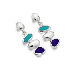 A pair of sterling silver stud drop earrings featuring a stack of organic pebble shapes, inlaid with turquoise and lapis lazuli stones, on a white background.
