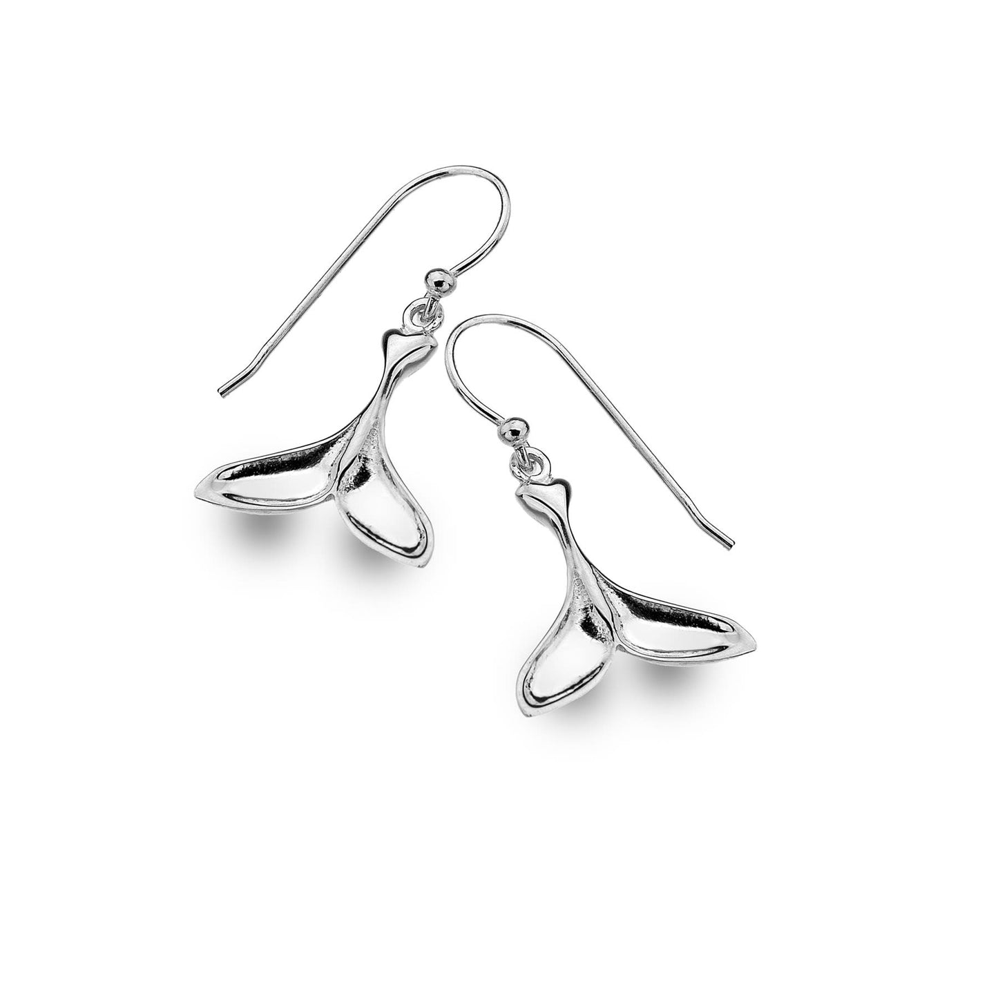 A pair of polished sterling silver whale tail drop earrings on shepherd hooks, shown on a white background.