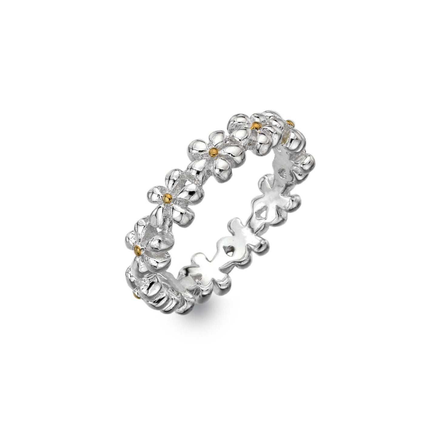 Sterling silver daisy circle ring with gold-plated detailing, front view