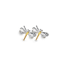 A pair of two-tone sterling silver and gold plated dragonfly stud earrings, shown on a white background.