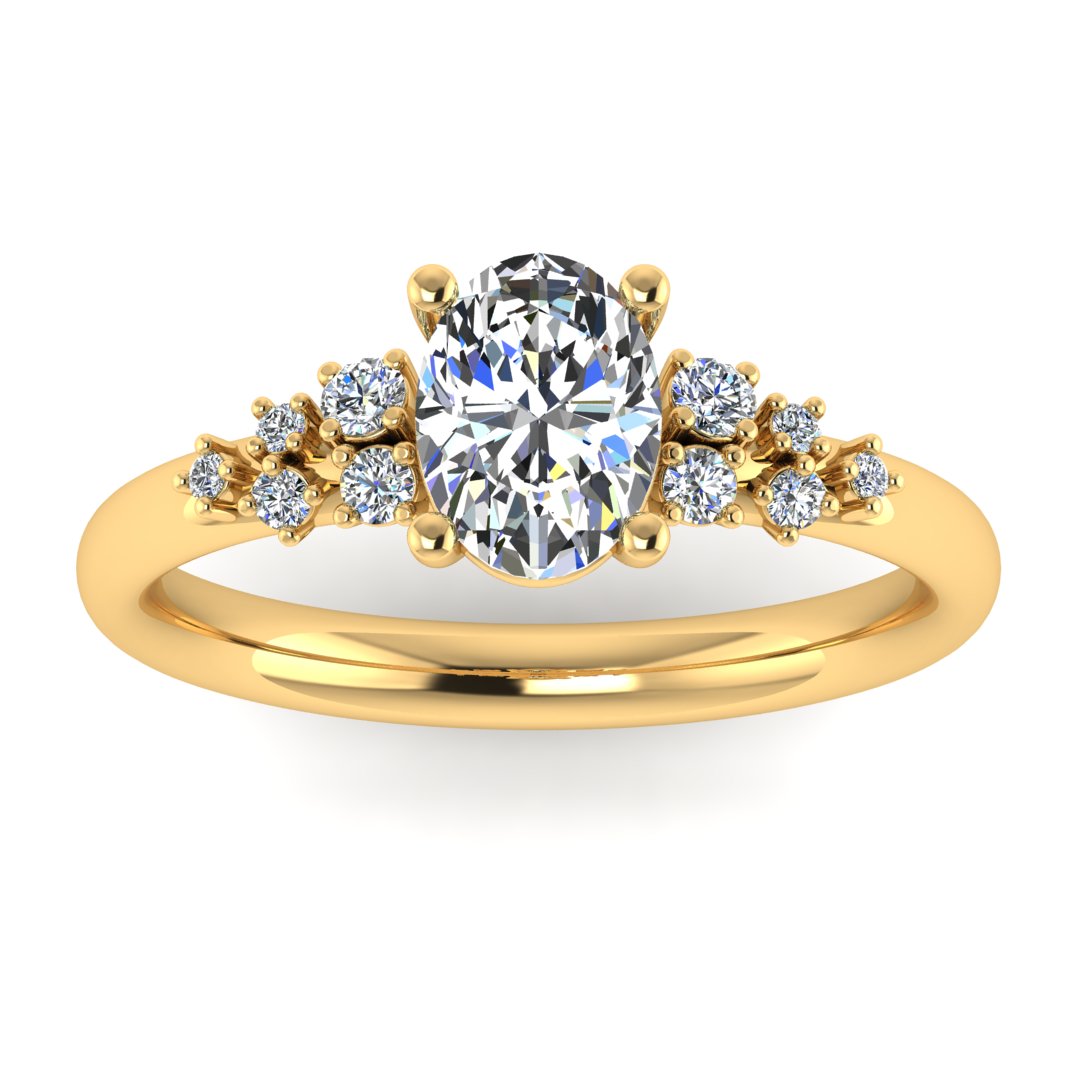9ct yellow gold ring featuring a brilliant oval lab-grown diamond with cluster-set diamond shoulders, viewed directly from the front.