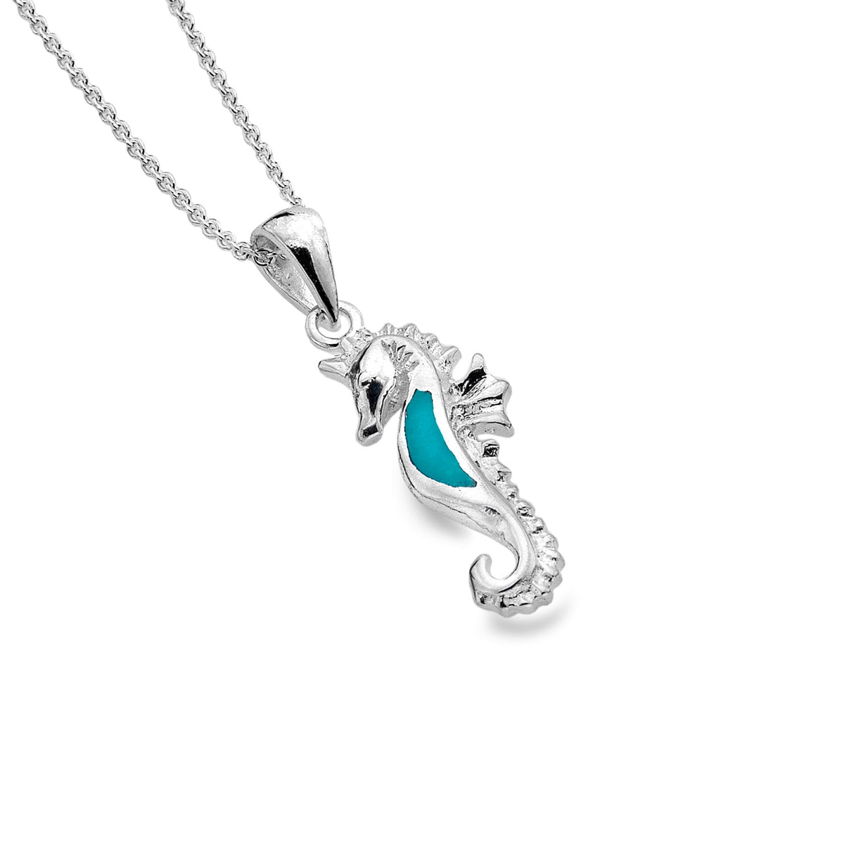 Close up of a 925 Sterling Silver seahorse pendant necklace featuring a vibrant real turquoise inlay.
