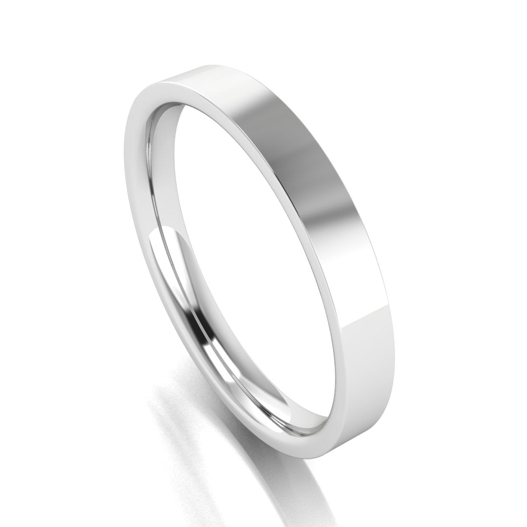 Flat court comfort-fit wedding ring, medium weight, 2mm wide, in white gold, view 1