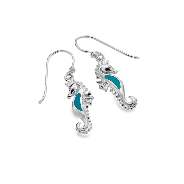 Pair of Sterling Silver drop earrings shaped like seahorses featuring a vibrant turquoise inlay.