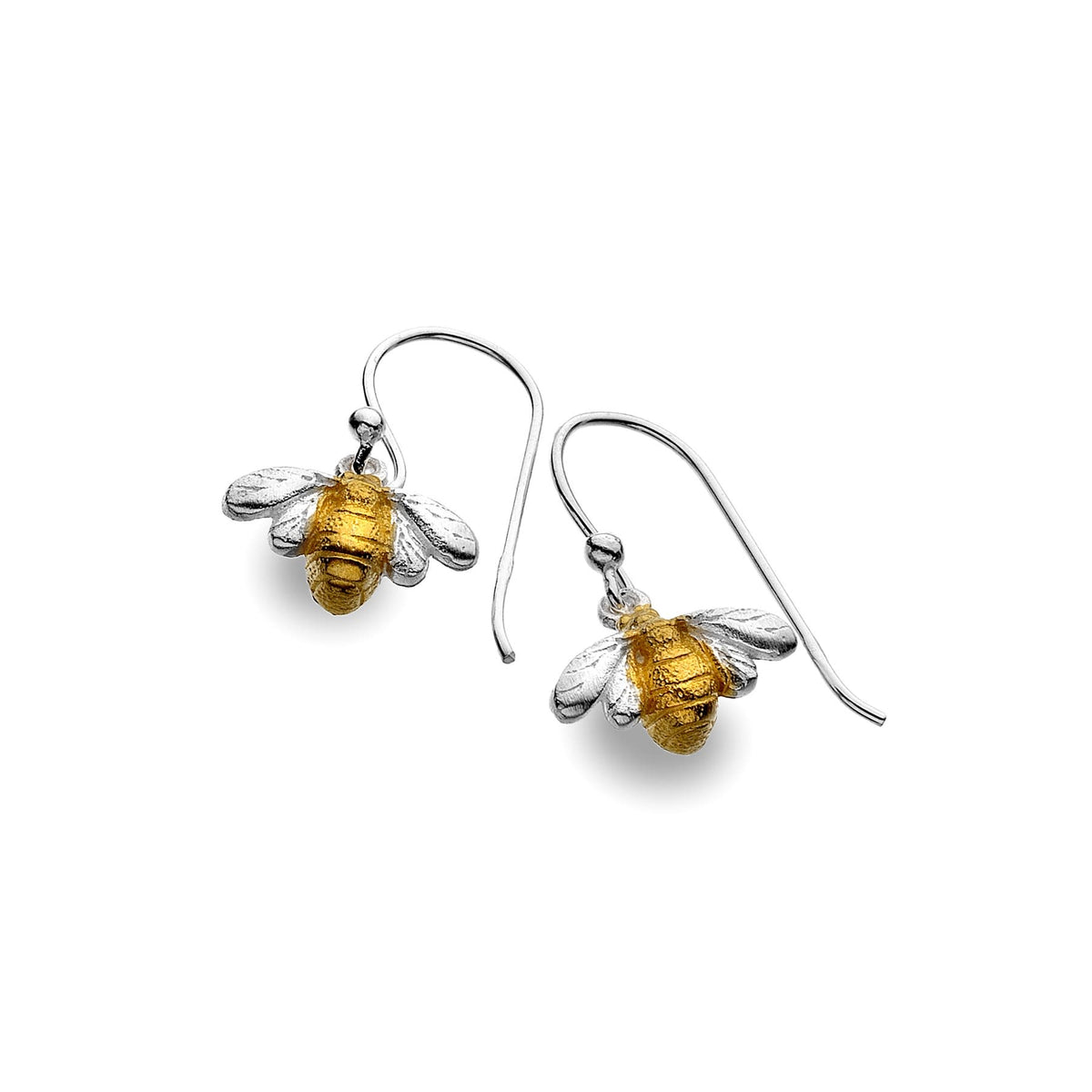 A pair of two-tone drop earrings featuring a detailed bumblebee with a gold-plated body and silver wings, on hook fittings.