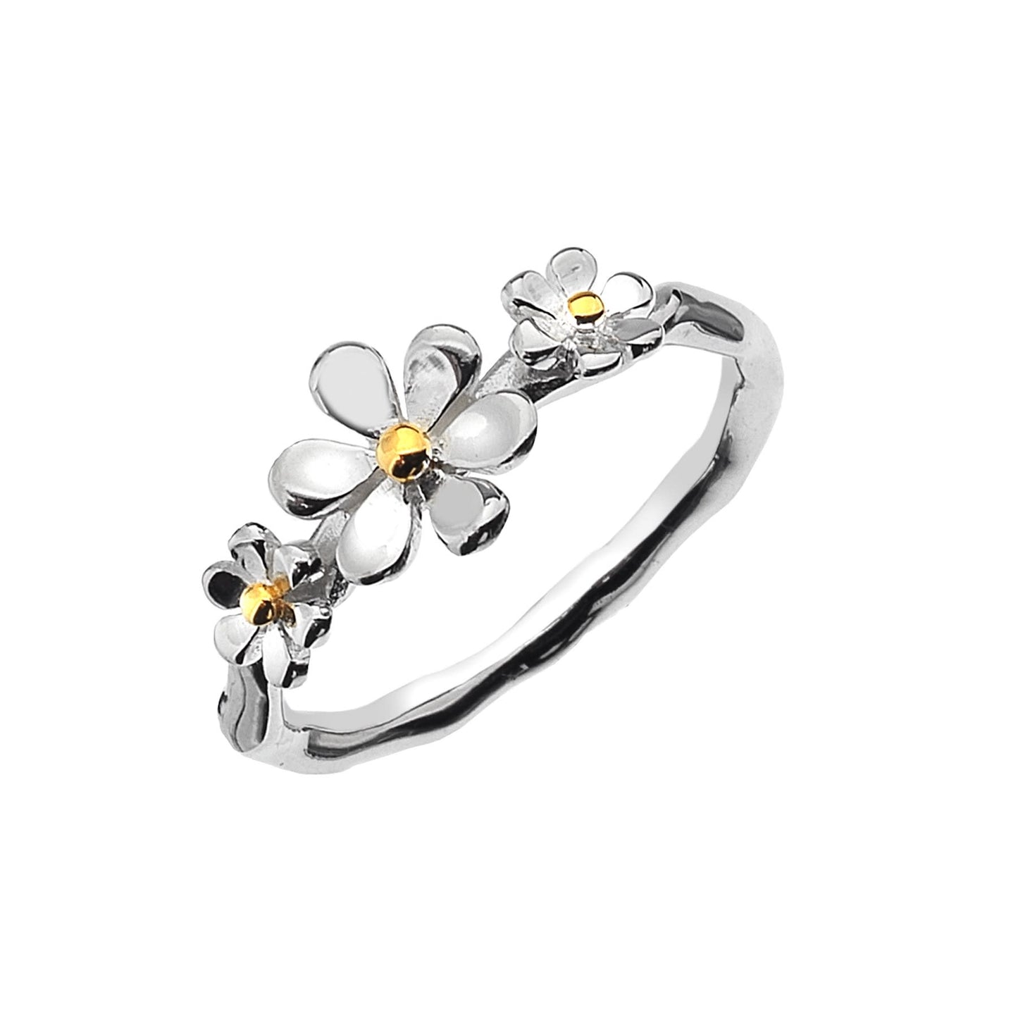 Sterling silver origins daisies ring with brass detailing, front view