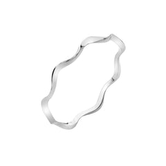 Angled view of a shiny, sterling silver bangle with a wavy design, showing its three-dimensional form on a white background.