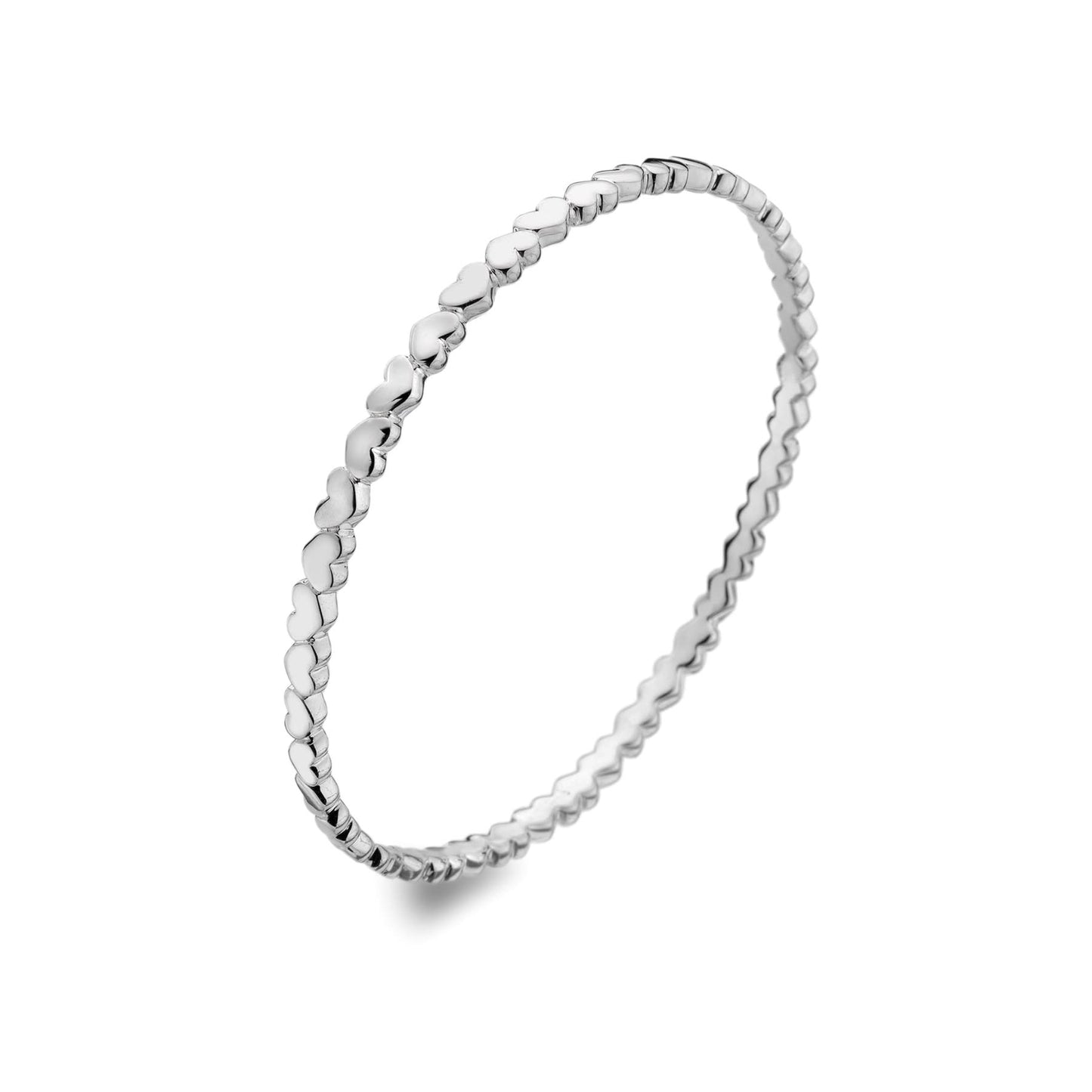 A close-up, studio shot of a sterling silver bangle featuring a continuous pattern of small, raised hearts.
