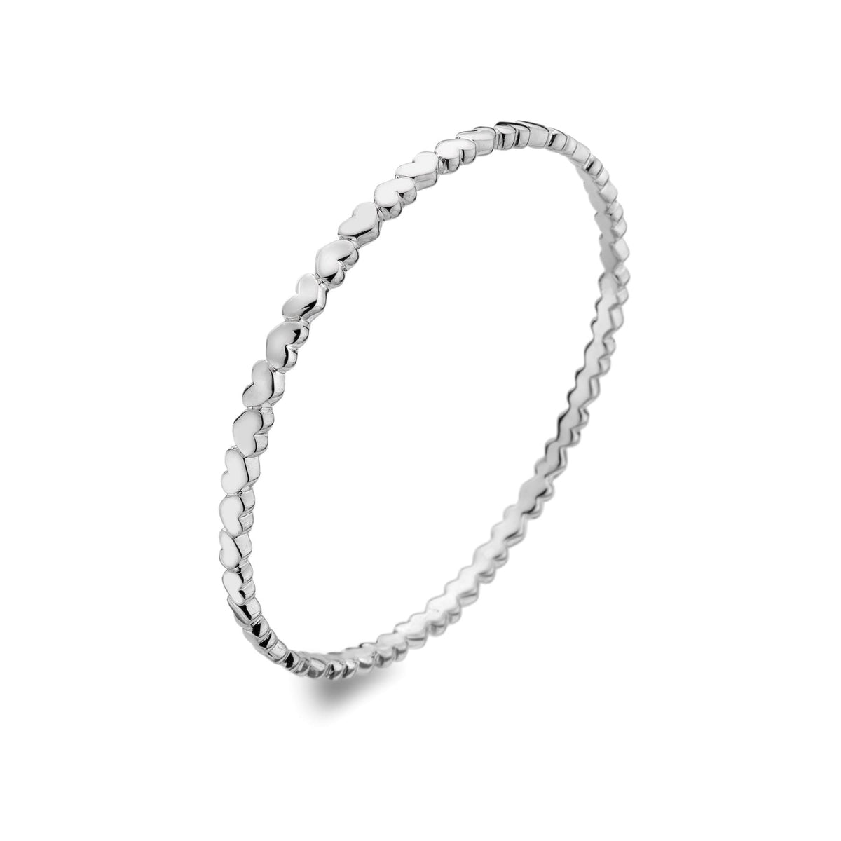 A close-up, studio shot of a sterling silver bangle featuring a continuous pattern of small, raised hearts.