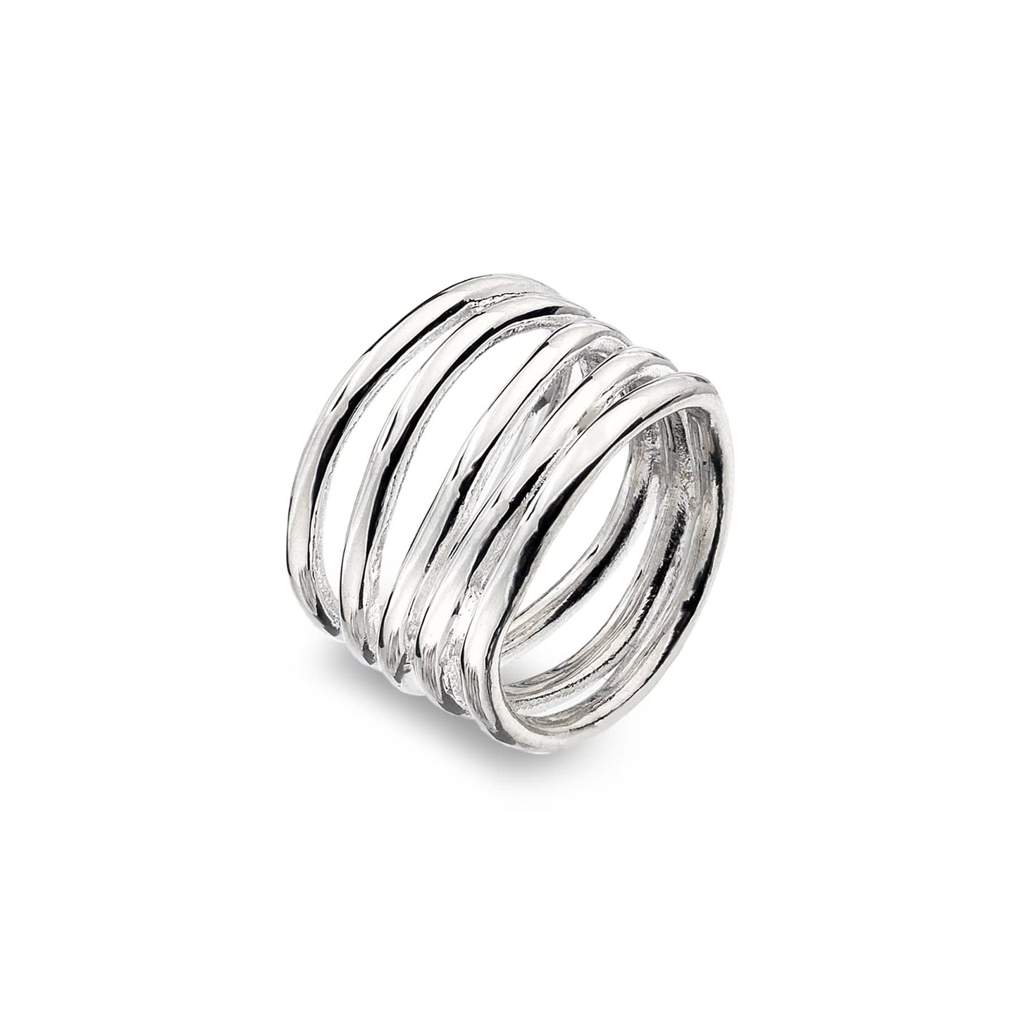 A silver wrap ring with multiple parallel textured bands, photographed on a clean white background.