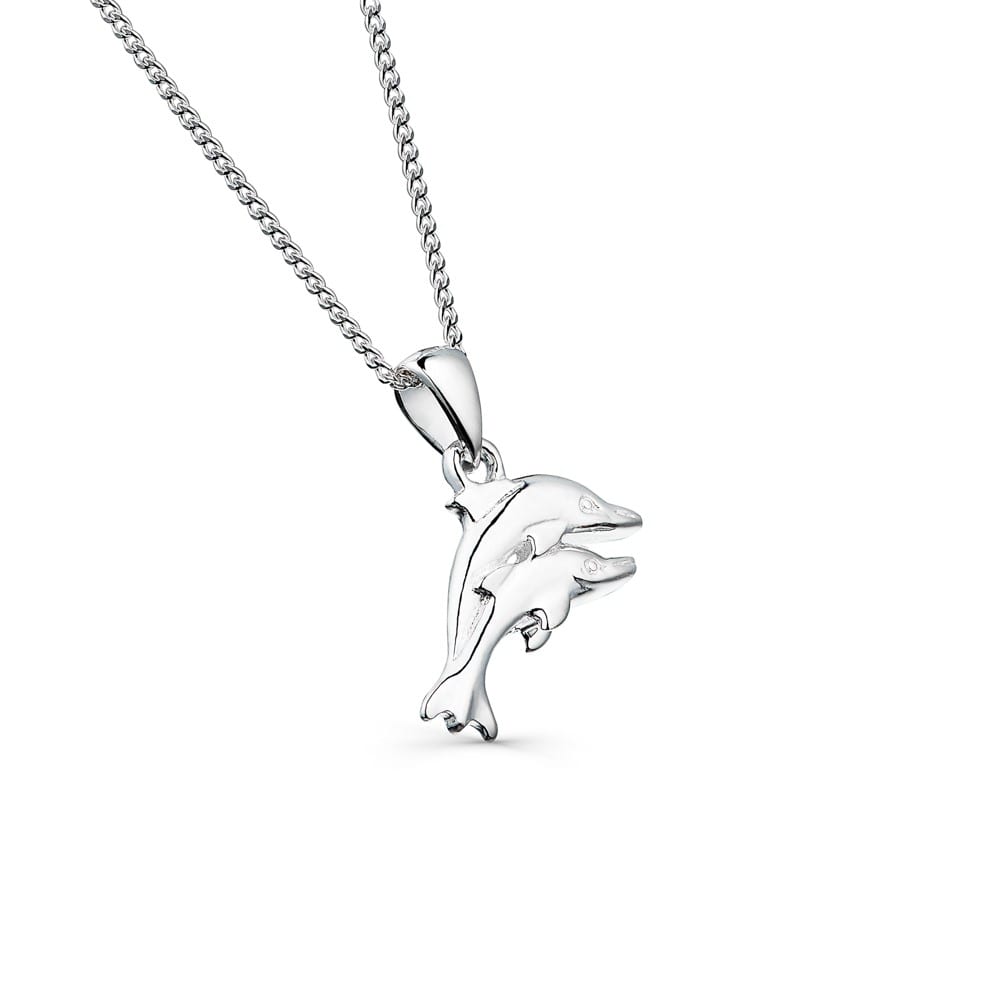 A sterling silver pendant necklace featuring two textured dolphins swimming together, suspended on a fine silver chain, on a white background.