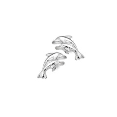 A pair of sterling silver stud earrings, each featuring two small, textured dolphins swimming together, on a white background.