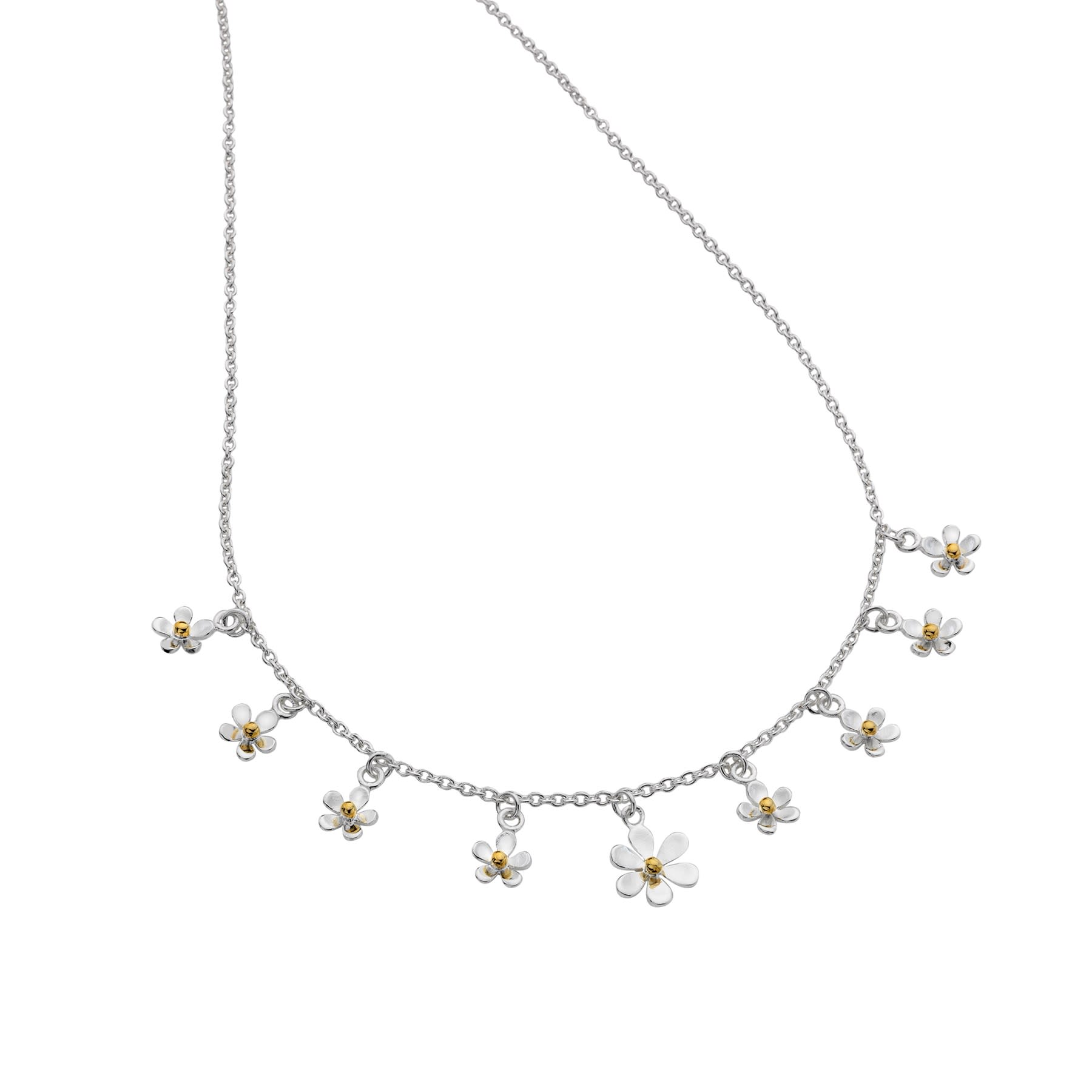 A silver charm necklace featuring multiple small daisies with yellow gold centres, suspended on a fine silver chain.